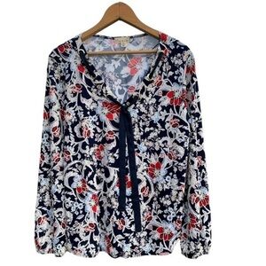 Emi & Joe Navy Blue, Red & White Floral Top Size XL V Neck Long Sleeve Top